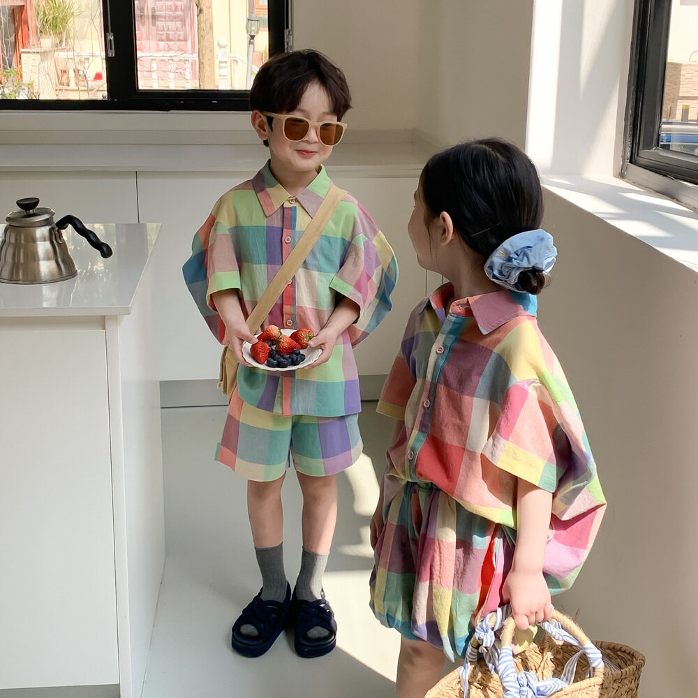 子供服｜兄妹コーデ・子供用・セットアップ・夏・新作・カラフルチェック柄・男女兼用・ショートパンツ付き・兄弟姉妹お揃い・可愛い・快適|undefined