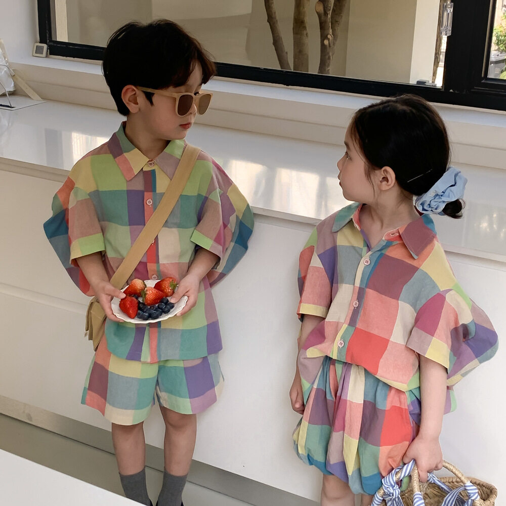 子供服｜兄妹コーデ・子供用・セットアップ・夏・新作・カラフルチェック柄・男女兼用・ショートパンツ付き・兄弟姉妹お揃い・可愛い・快適|undefined