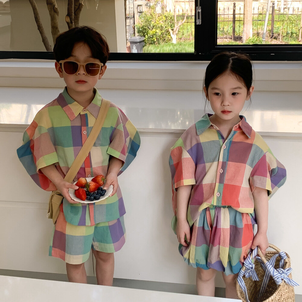 子供服｜兄妹コーデ・子供用・セットアップ・夏・新作・カラフルチェック柄・男女兼用・ショートパンツ付き・兄弟姉妹お揃い・可愛い・快適|undefined