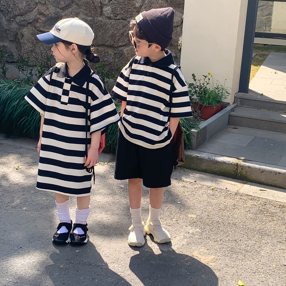 子供服｜兄妹コーデ・女の子・男の子・夏・新作・男女兼用・韓国風・ゆったり・ポロ襟・ストライプワンピース・可愛い・快適・カジュアル|undefined