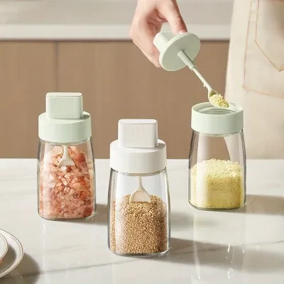 調味料入れ容器｜ガラス製スパイスジャー、調味料ボトル、塩、砂糖、スパイス用の蓋付きスプーン付き調味料容器、キッチン用品、