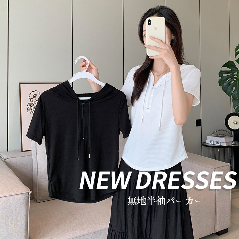 半袖パーカー｜ショートスリーブ・アイスシルク・フードつき・トップス・夏服・女性用・2024新作・韓国風・シルエット・通勤・Ｔシャツ・シンプル・カジュアル・可愛い|undefined