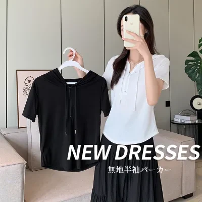 半袖パーカー｜ショートスリーブ・アイスシルク・フードつき・トップス・夏服・女性用・2024新作・韓国風・シルエット・通勤・Ｔシャツ・シンプル・カジュアル・可愛い