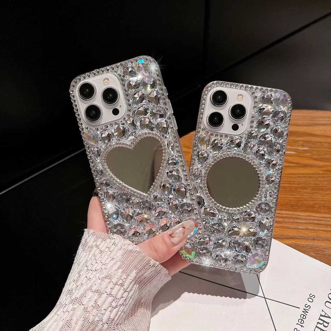 ワクワク広場 iphone専用スマホケース｜水晶ハート・ミラー・iPhone15Promax・ケース・アップル・14plus・13・対応・落下防止・12・ソフト・鏡付き