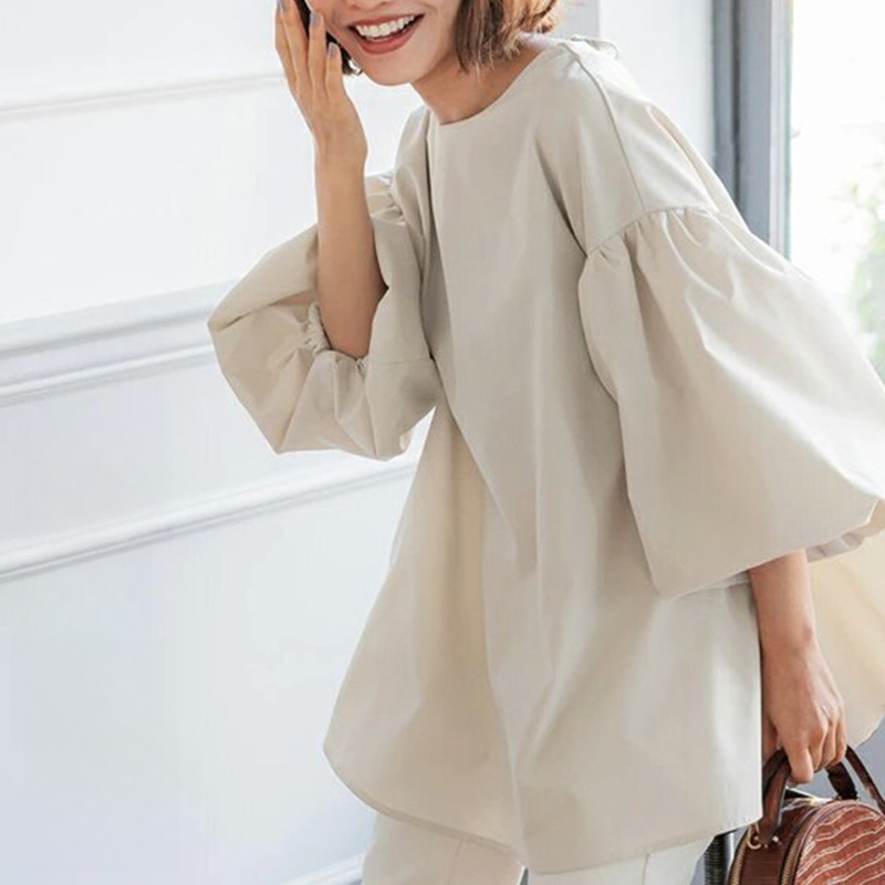 レディース シャツ｜半袖・夏・広め・ゆったり・女性用・シャツ・コットン・大きめ袖・新作・ブラック・ホワイト・ベージュ・服|undefined