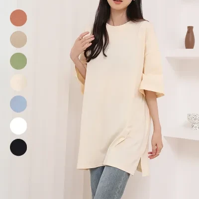 Tシャツ｜夏・純綿Tシャツ・サイドスリット・カジュアル・ゆったり・ミディアム丈・ショートスリーブ・服