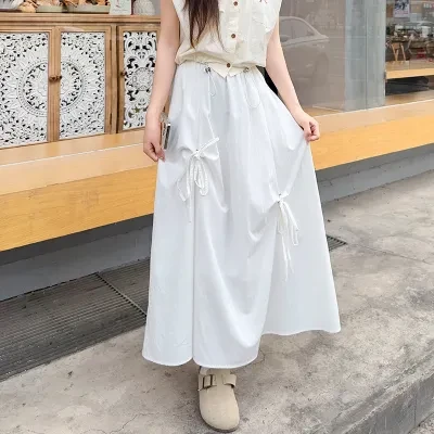 ロングスカート｜白いリボン付きハーフスカート・夏・薄手・高ウエスト・Aライン・垂れ感・スタイルアップ・小柄・服