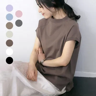 Tシャツ｜夏・綿・短袖・女性Tシャツ・フランス風・サイドスリット・上着・女性・服