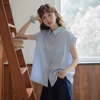 ブラウス｜2024夏新・韓風・細ストライプ・襟広・ゆったり・ケープ・袖なし・新作・シャツ・女性向け・服