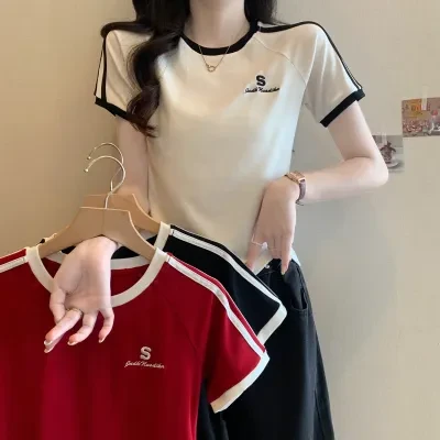 Tシャツ｜ストライプ・カラーブロック・ショートスリーブTシャツ・女性用・シェイプアップ・短丈・トップス