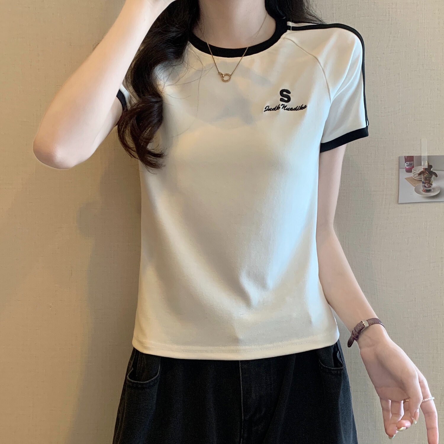 Tシャツ｜ストライプ・カラーブロック・ショートスリーブTシャツ・女性用・シェイプアップ・短丈・トップス|undefined