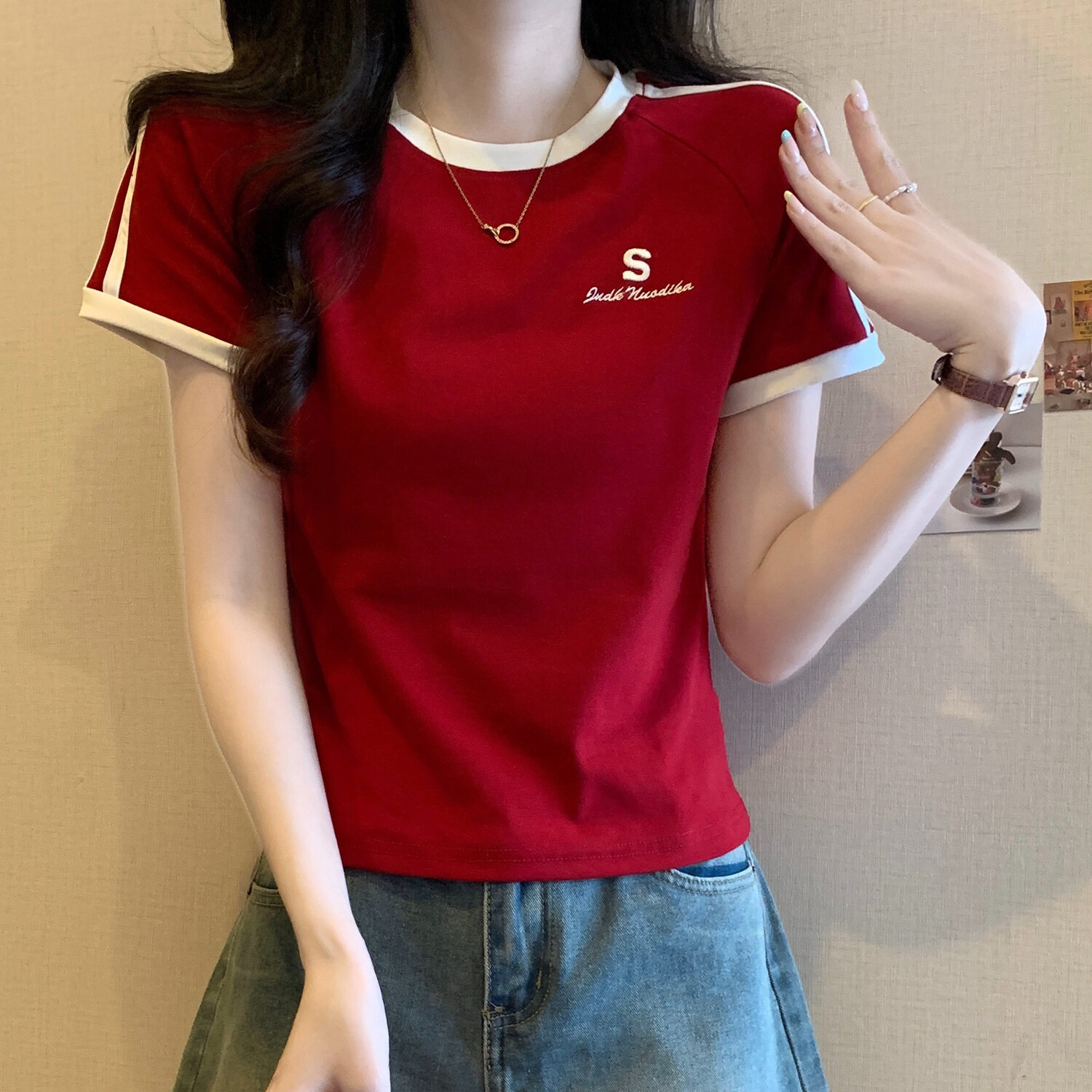 Tシャツ｜ストライプ・カラーブロック・ショートスリーブTシャツ・女性用・シェイプアップ・短丈・トップス|undefined