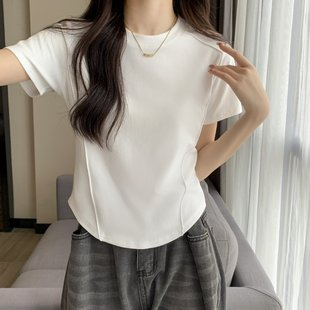 トップス｜ストライプ・カラーブロック・ショートスリーブTシャツ・女性用・シェイプアップ・短丈|undefined