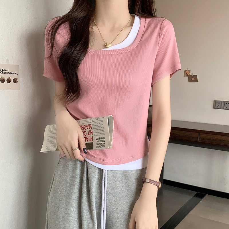 トップス｜ストライプ・カラーブロック・ショートスリーブTシャツ・女性用・シェイプアップ・短丈|undefined