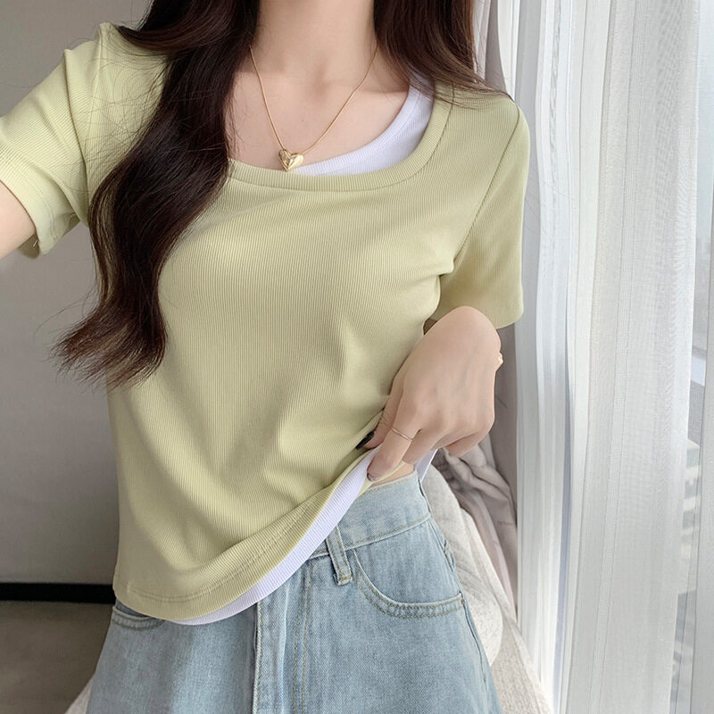 トップス｜ストライプ・カラーブロック・ショートスリーブTシャツ・女性用・シェイプアップ・短丈|undefined