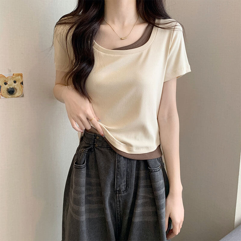 トップス｜ストライプ・カラーブロック・ショートスリーブTシャツ・女性用・シェイプアップ・短丈|undefined