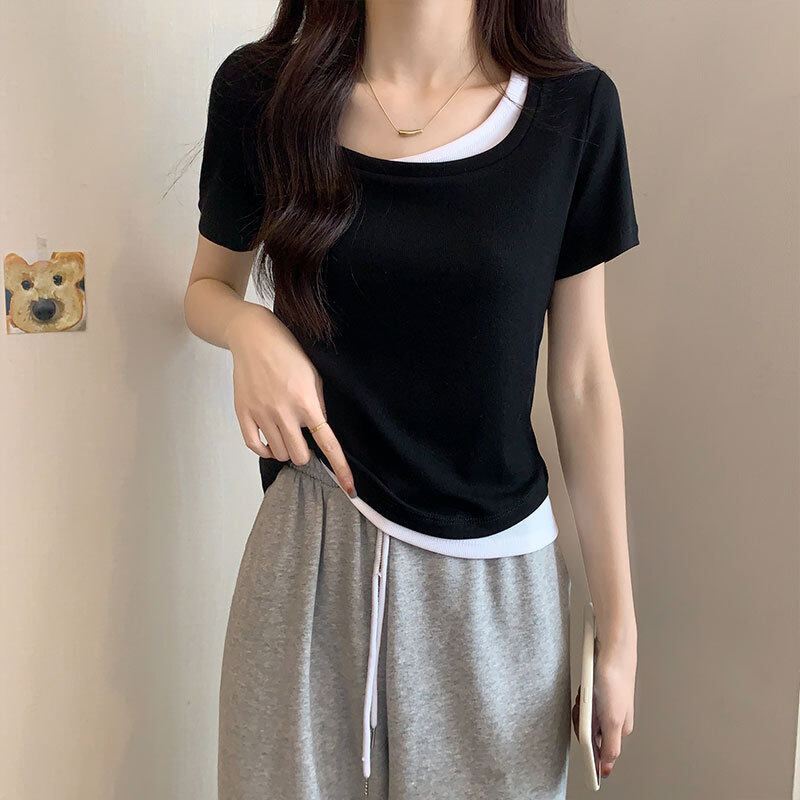 トップス｜ストライプ・カラーブロック・ショートスリーブTシャツ・女性用・シェイプアップ・短丈|undefined