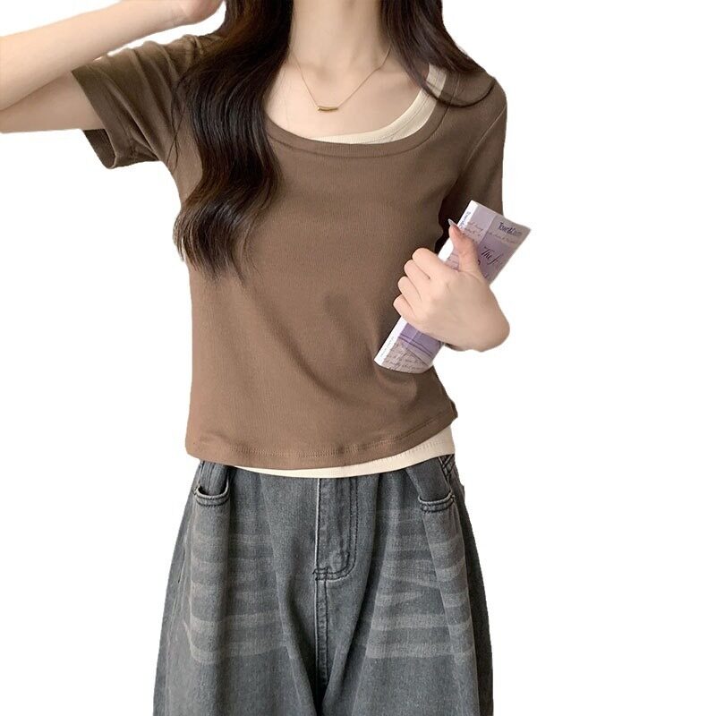 トップス｜ストライプ・カラーブロック・ショートスリーブTシャツ・女性用・シェイプアップ・短丈|undefined
