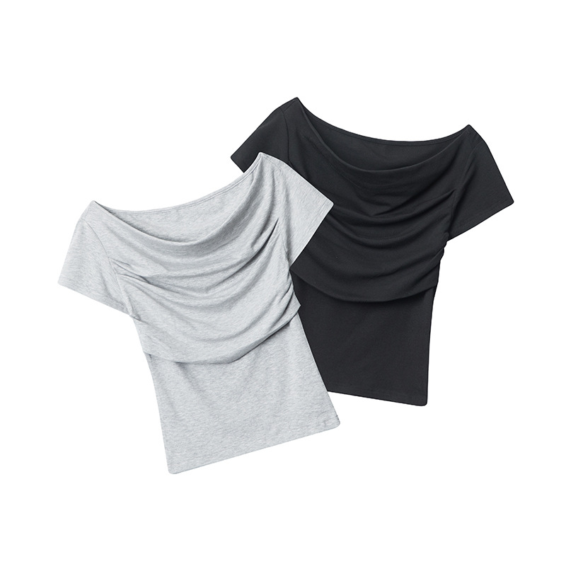 Tシャツ｜しわ感・ショートスリーブ・無地・着やせ・鎖骨見せ・ショート丈・シンプル・女性・レーディス・服|undefined
