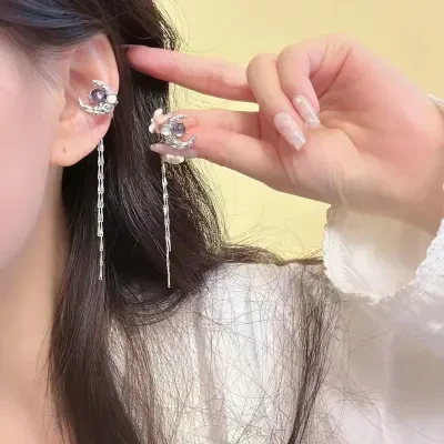 イヤーカフ｜月の石・紫色・フリンジ・イヤリング・耳穴不要・気品ある・おしゃれ