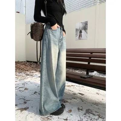 on% closet ワイドパンツ｜アメリカン・レトロ・デニム・ワイドパンツ・2024春秋・ハイウエスト・スリム・ロング丈・カジュアル・女性・レーディス・服