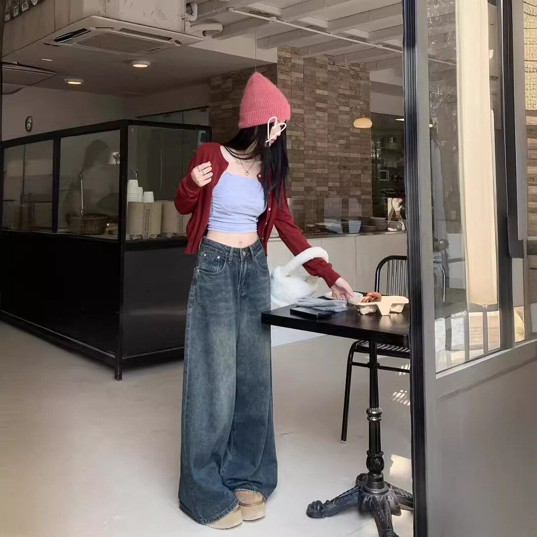 ワイドパンツ｜アメリカン・レトロ・デニム・ワイドパンツ・2024春秋・ハイウエスト・スリム・ロング丈・カジュアル・女性・レーディス・服|undefined