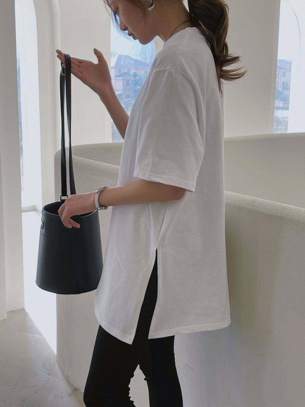 Tシャツ ｜無地Ｔシャツ・半袖・ショートスリーブ・女性用・ルーズ・薄手・おしゃれ・カジュアル・丸首・シンプル・カジュアル・万能アイテム・ロングタイプ|undefined