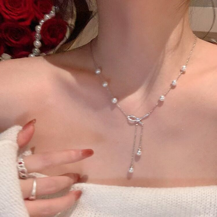 ネックレス｜リボン・パール・フリンジネックレス・小さめ・鎖骨チェーン・ファッション・夏向け|undefined