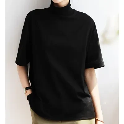 Tシャツ｜ハイネック・カジュアル・ゆったり・半袖・インナー・トップス・無地・シンプル
