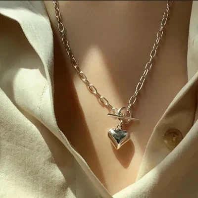 YOOYOOTOWN ネックレス｜S925シルバー・立体ハート・OTクラスプ・ヴィンテージ・ファッション・ヒップホップ・ロックチェーン・トレンド