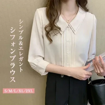 シャツ｜ダブルカラー・シャツ・デザイン性・新作・五分袖・シフォンブラウス