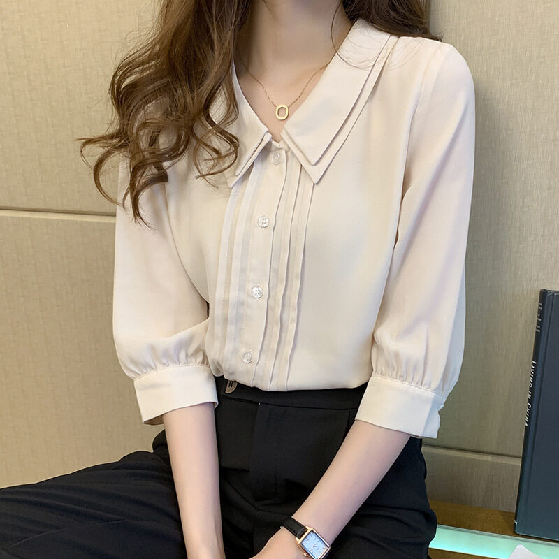 シャツ｜ダブルカラー・シャツ・デザイン性・新作・五分袖・シフォンブラウス|undefined
