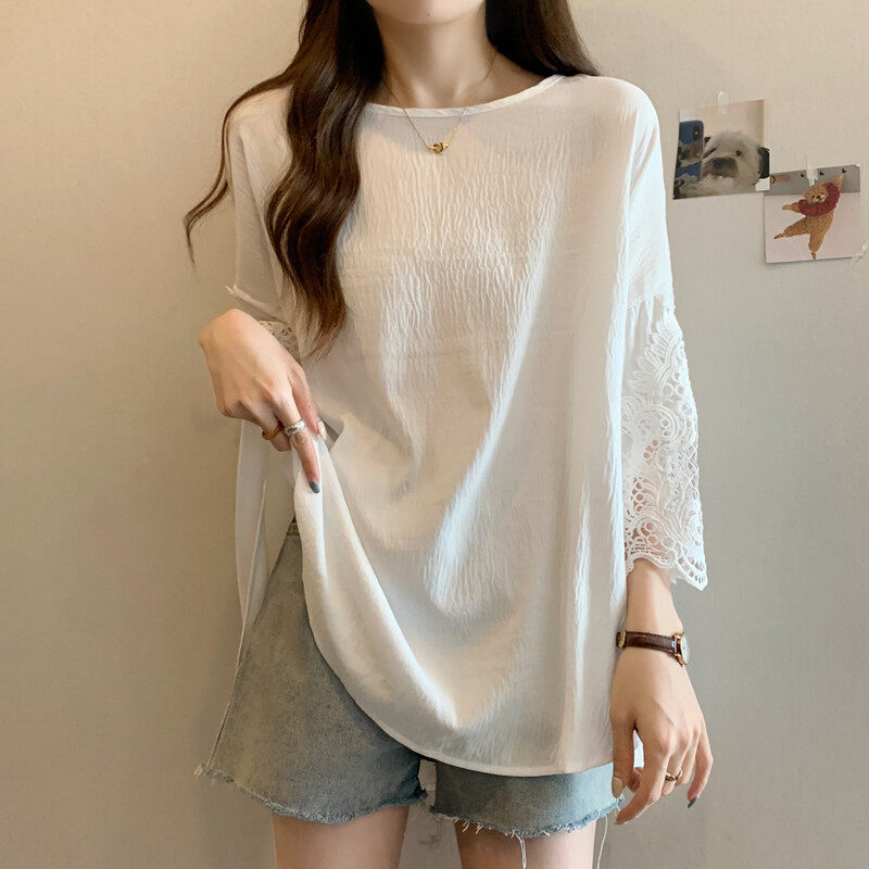 Tシャツ｜国内風・レース・パッチワーク・ルーズ・体型カバー・若見え・半袖・大きいサイズ|undefined