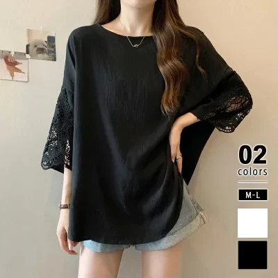 Tシャツ｜国内風・レース・パッチワーク・ルーズ・体型カバー・若見え・半袖・大きいサイズ