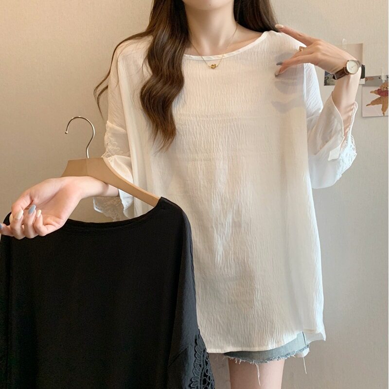Tシャツ｜国内風・レース・パッチワーク・ルーズ・体型カバー・若見え・半袖・大きいサイズ|undefined