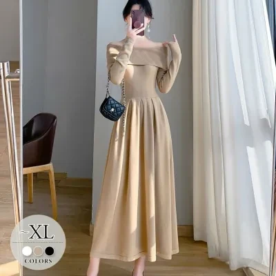 ワンピース｜新作・ドレープ感・ロングスリーブ・ニット・ロング・ウエストシェイプ・スリム・秋