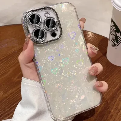 iPhone16スマホケース対応｜全包・レンズ・スマホケース・14ProMax・レーザー・ハート・シェル模様・13・ハード・16