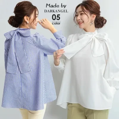 Yippee ブラウス｜ランタン袖・リボン・スタンドカラー・長袖・シフォン・ドールシャツ