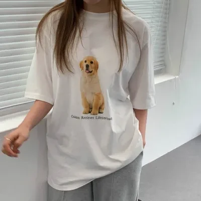 Tシャツ｜レトロ・アメリカ風・犬プリント・コットン・半袖・ルーズ・デザイン感・トップス