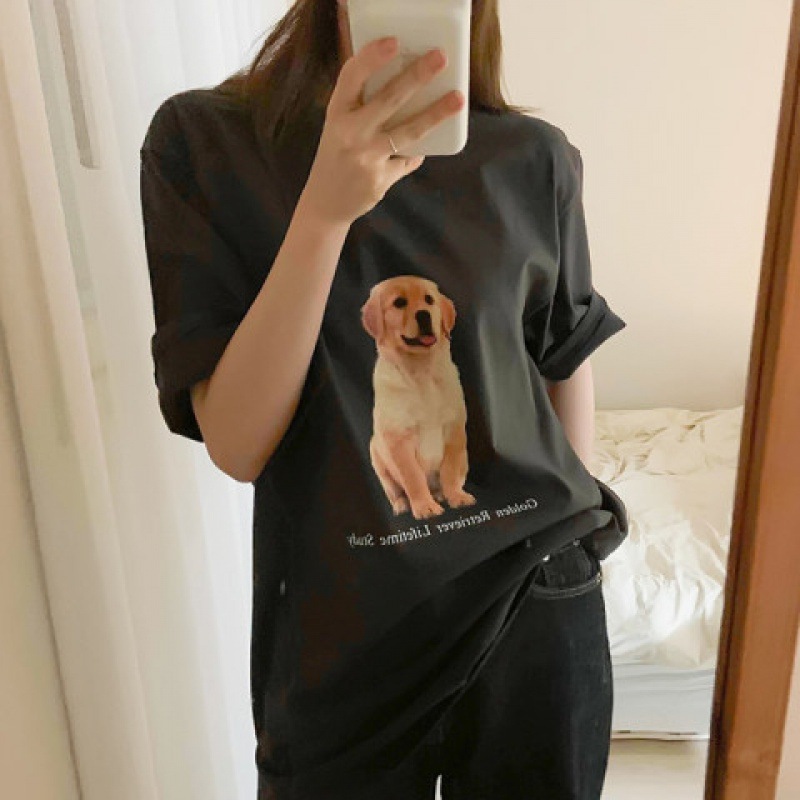 Tシャツ｜レトロ・アメリカ風・犬プリント・コットン・半袖・ルーズ・デザイン感・トップス|undefined