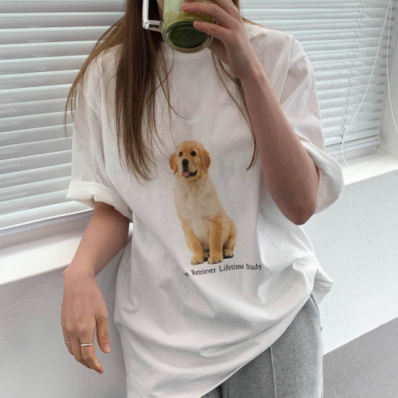 Tシャツ｜レトロ・アメリカ風・犬プリント・コットン・半袖・ルーズ・デザイン感・トップス|undefined