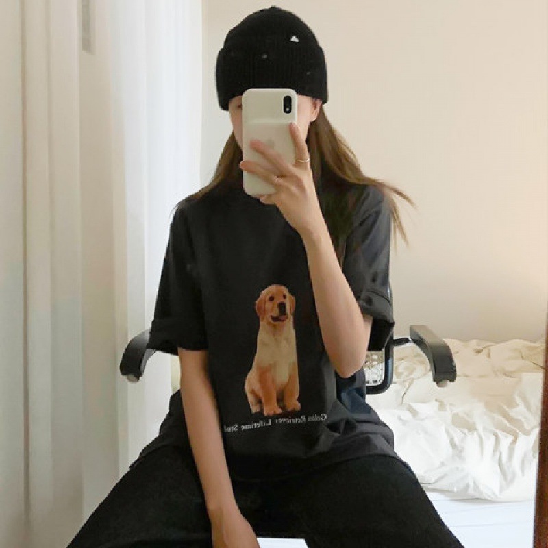 Tシャツ｜レトロ・アメリカ風・犬プリント・コットン・半袖・ルーズ・デザイン感・トップス|undefined