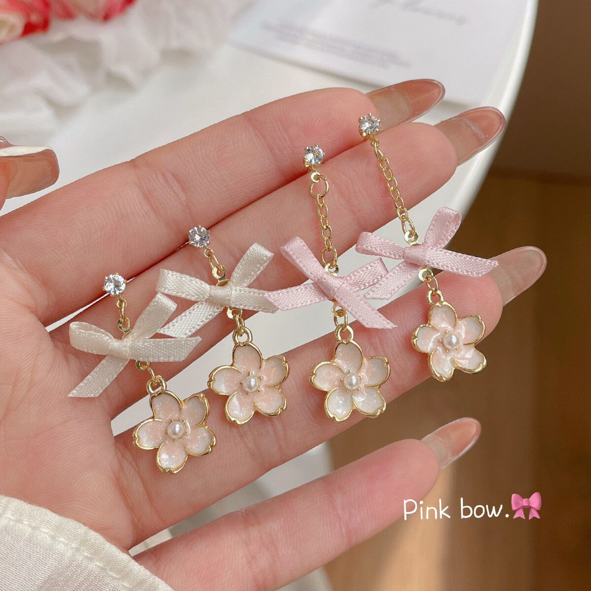 ピアス｜ ピンク・布製・リボン・桜・イヤリング・ペンダント・甘い・少女心・清新・可愛い|undefined