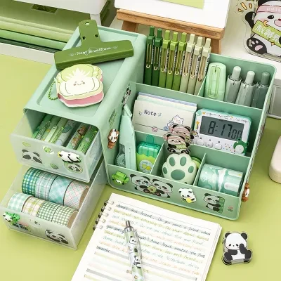 『かわいいパンダ』卓上収納ラック｜ペン立て・学生用・デスク用収納ボックス・大容量・多機能・置物ラック