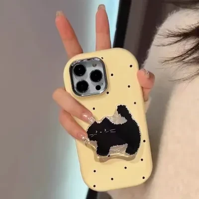 ドット柄ホルダー｜スタンド・黒猫・iPhone15・iPhone13mini・ソフトケース・12ProMax・大きなウィンドウ・適用