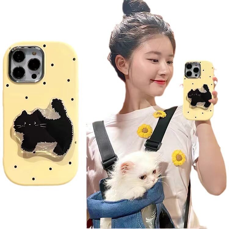 ドット柄ホルダー｜スタンド・黒猫・iPhone15・iPhone13mini・ソフトケース・12ProMax・大きなウィンドウ・適用|undefined