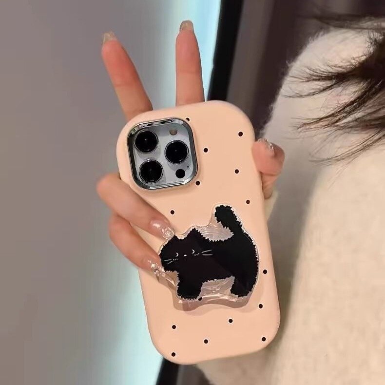 ドット柄ホルダー｜スタンド・黒猫・iPhone15・iPhone13mini・ソフトケース・12ProMax・大きなウィンドウ・適用|undefined