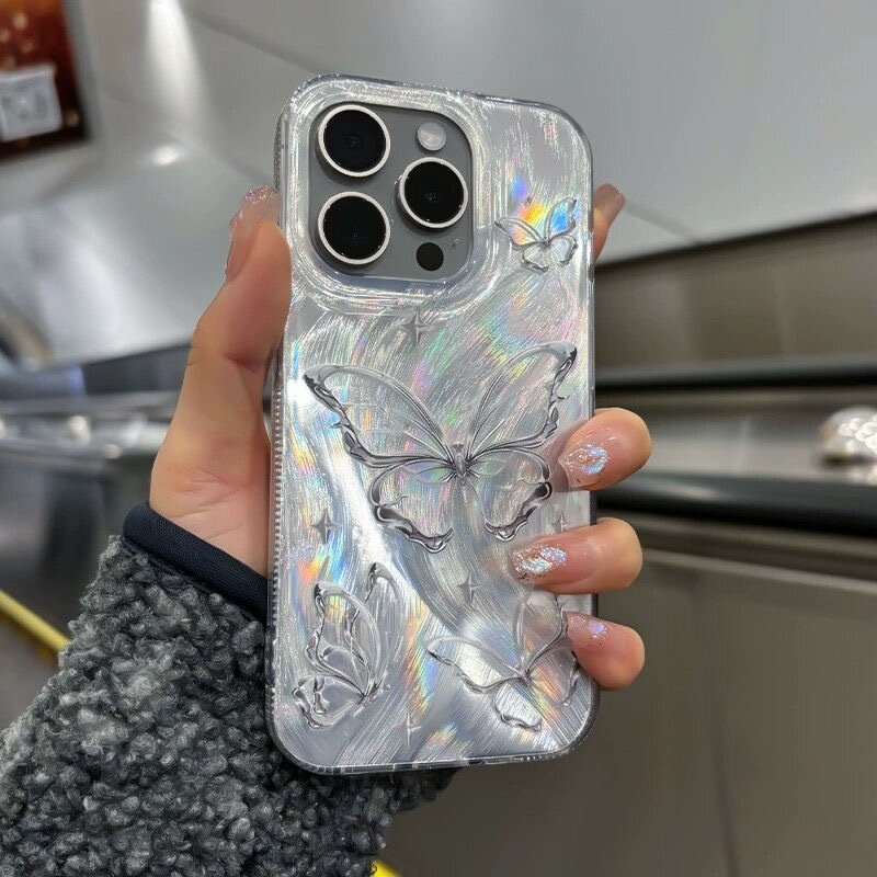 シルバーハードスマホケース｜バタフライ・羽・ファー・iPhone15PRO MAX・iPhone14・耐衝撃・iPhone13・ハードケース|undefined