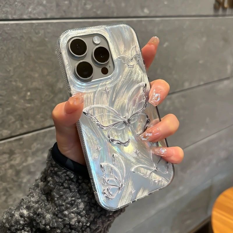 シルバーハードスマホケース｜バタフライ・羽・ファー・iPhone15PRO MAX・iPhone14・耐衝撃・iPhone13・ハードケース|undefined