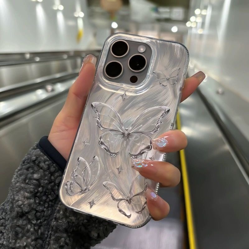 シルバーハードスマホケース｜バタフライ・羽・ファー・iPhone15PRO MAX・iPhone14・耐衝撃・iPhone13・ハードケース|undefined